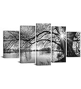 sechars - 5 Pieces Wall Art Old Tree by Lake Picture Canvas Prints Sunrise Painting Black and Whi...