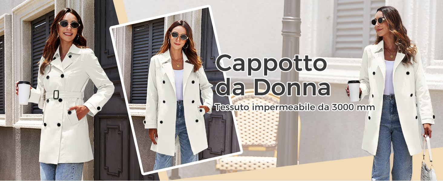 Trench bianco a doppio petto con cintura, mostrato in tre angolazioni. Presenta maniche lunghe, colletto classico e lunghezza che arriva fino a metà coscia