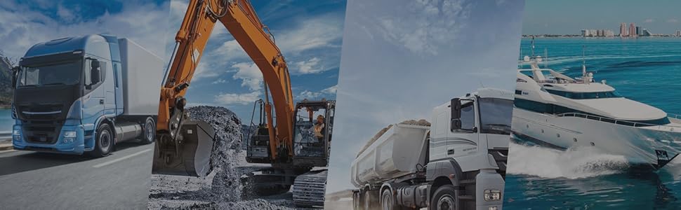 Four-panel image showcasing industrial vehicles: a blue semi-truck, yellow excavator digging, white dump truck, and white speedboat on turquoise water. Panels labeled 'Automotive', 'Excavator', 'Truck', and 'Marine'.