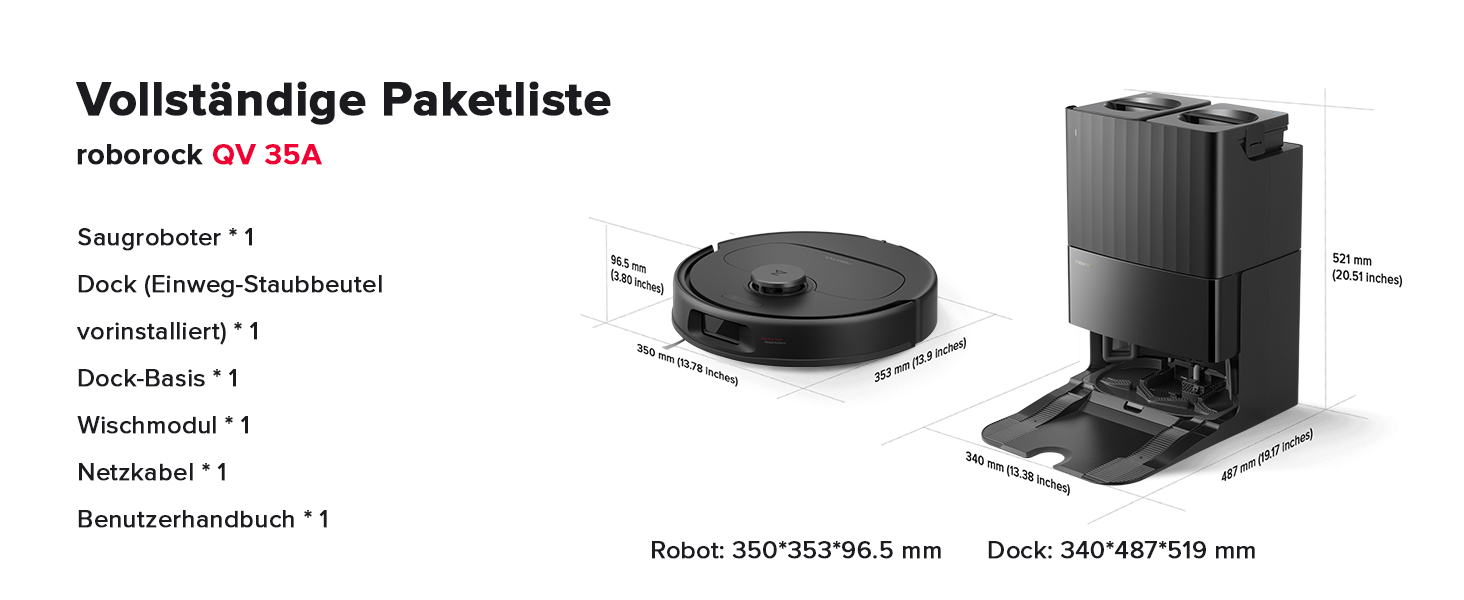 Roboter-Staubsauger mit Dockingstation. Rundes schwarzes Gerät mit den Abmessungen 350x353x96,5 mm. Die Dockingstation ist 340 x 487 x 519 mm groß. Der Paketinhalt ist auf Deutsch aufgeführt.
