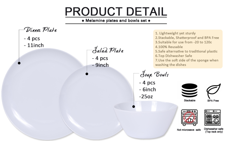 Melamine Plates and Bowls Set, 12Piece Melamine