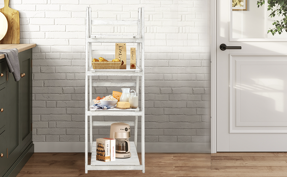 Babion 4 Tier Ladder Bookshelf, White Ladder Shelf, 45 Inch Wood Rustic Ladder