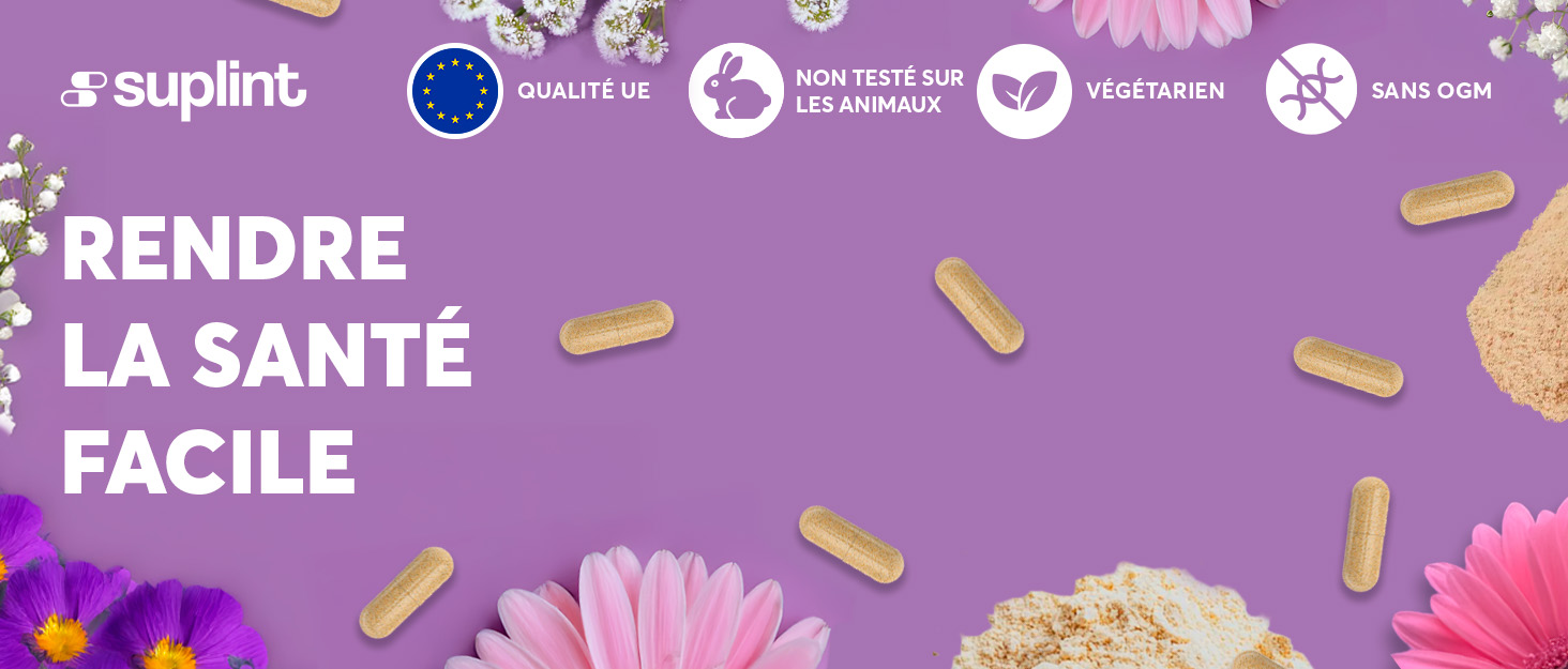 Fond violet avec des capsules, des fleurs et des grains éparpillés. Le texte se lit comme suit : « RENDRE LA SANTÉ FACILE ». Les icônes indiquent les caractéristiques des produits de qualité européenne, respectueux des animaux, végétariens et exempts d'allergènes