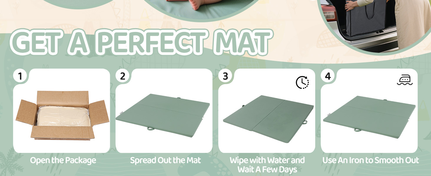 After receiving the mat, wipe with water and wait for a few days. Then use an iron to smooth out.