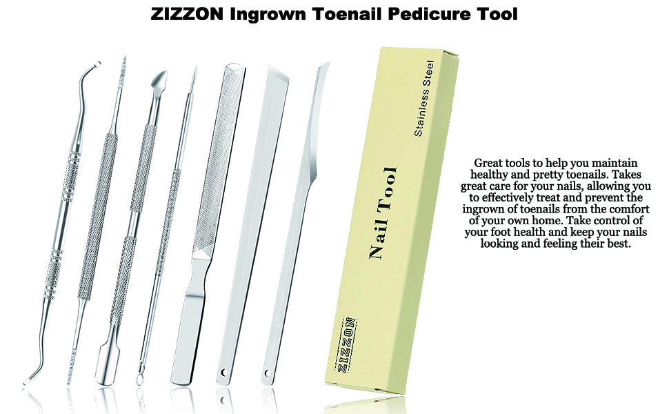 ZIZZON 7 Pcs Ingrown Toenail File and Lifters Set, Stainless Steel