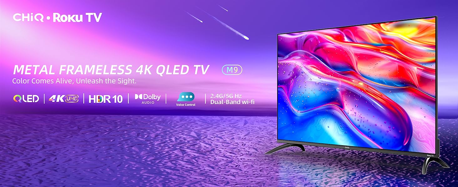 4K OLED TV with metal frameless design, featuring vibrant display of red and blue abstract shapes. Specifications include 4K resolution, HDR10, and MEMC technology.