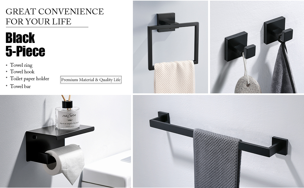 TNOMS Black Towel Bar Set 5Piece Bathroom Hardware Set Including 23.6