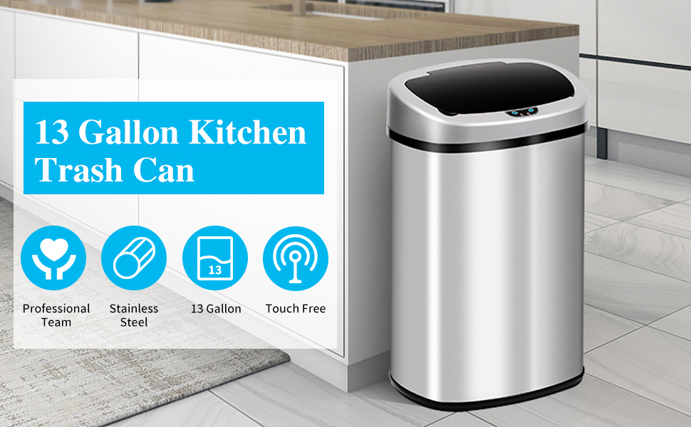 13 Gallon Automatic Trash Can with Lid, Touch Free Stainless Steel