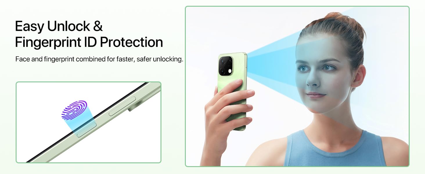 Smartphone security features illustration showing fingerprint unlock and face recognition icons, with a person demonstrating facial scan.