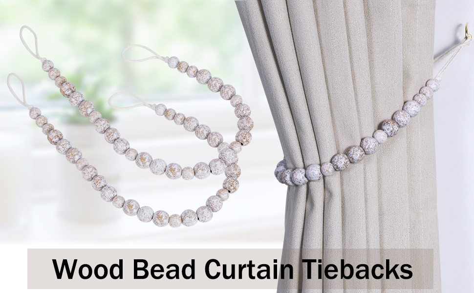 Set of 6 Wood Bead Curtain Tiebacks, Curtain Holdbacks for Thin or Thick Window