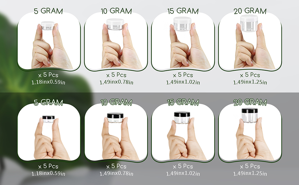 40 pieces of travel containers in 4 different volumes with 5gram, 10gram, 15gram and 20gram 