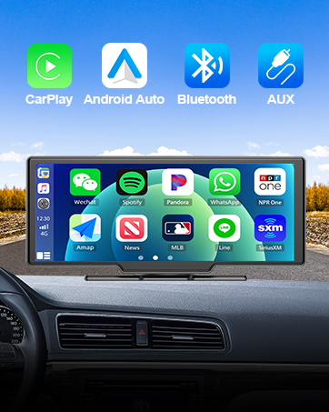 Car dashboard display showing various app icons including CarPlay, Android Auto, Bluetooth, and AUX. Background shows a road through autumn trees.