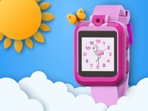 Alarm clock screen on pink Tikkers Interactive watch