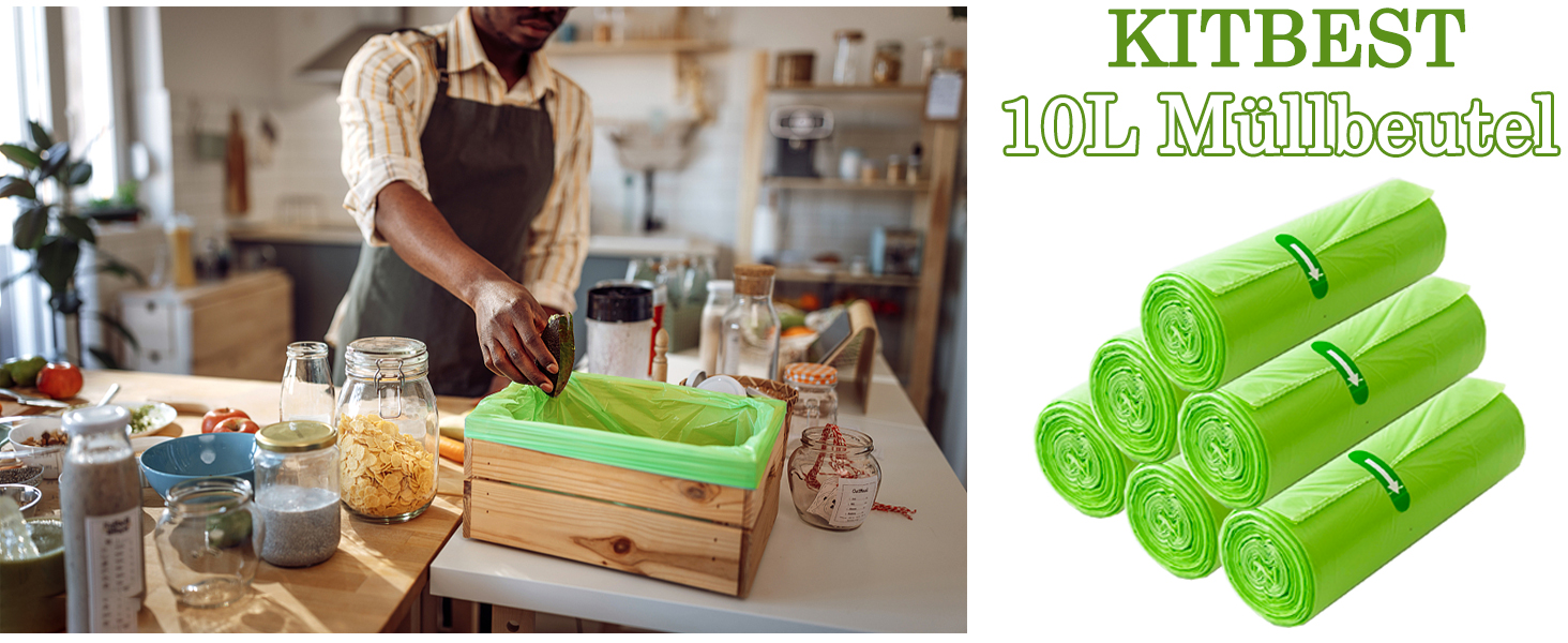 KITBEST grüne, biologisch abbaubare Müllbeutel, 10 l, in Bündelrollen. Die Küchenszene zeigt die praktische Verwendung des Produkts.