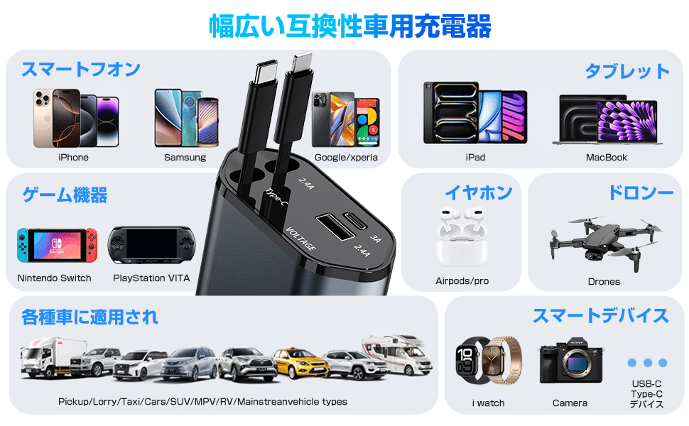 車 充電器 シガーソケットusb巻き取り式カーチャージャー