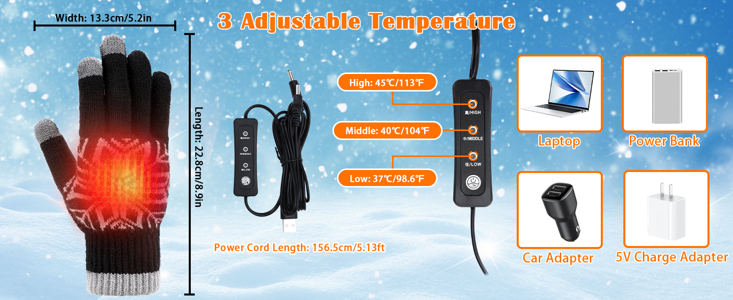 USB Heated Gloves for Men Women, Jhua Temperature Adjustable Electric