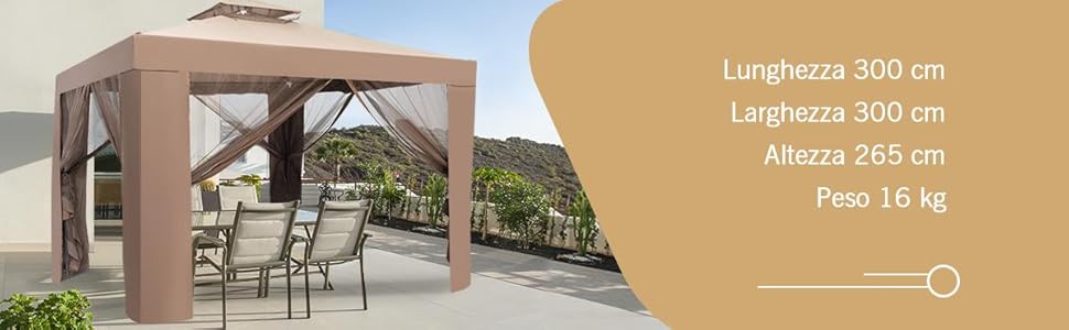 COSTWAY Gazebo Da Giardino Con Zanzariera 3 X 3 M, Struttura In Acciaio E 4 Tendine Poliestere Laterali, Beige 13 1