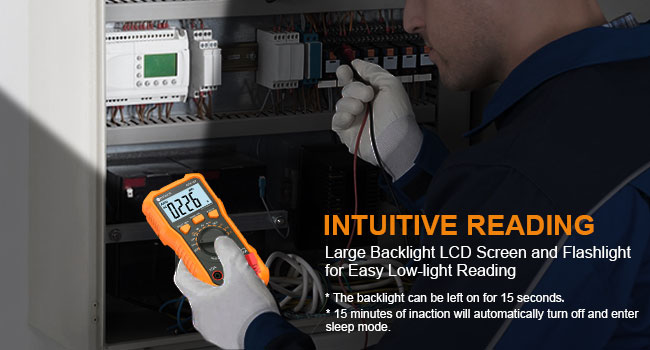 Orange handheld digital multimeter with large backlit LCD screen and flashlight. Used for electrical measurements in low-light conditions.
