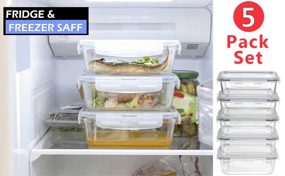HOCHSTE Airtight Glass Food Containers with Lids - 3-Pack, 100% Leak Proof Storage Containers 