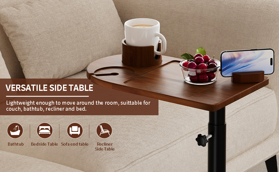 Oudbo Molartte Sofa Tray Table, C Shaped End Table, 360