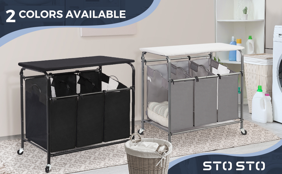 STO STO Laundry Sorter 3 Section with Ironing Board, 3 Bag Laundry Hamper with