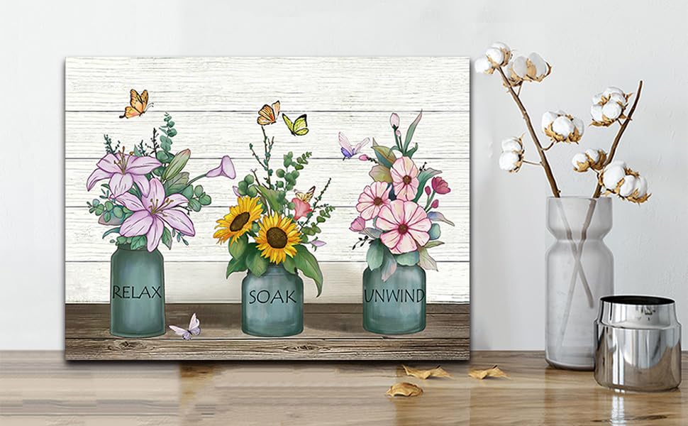 Bathroom Decor Wall Art Canvas Print Flower Picture Rustic