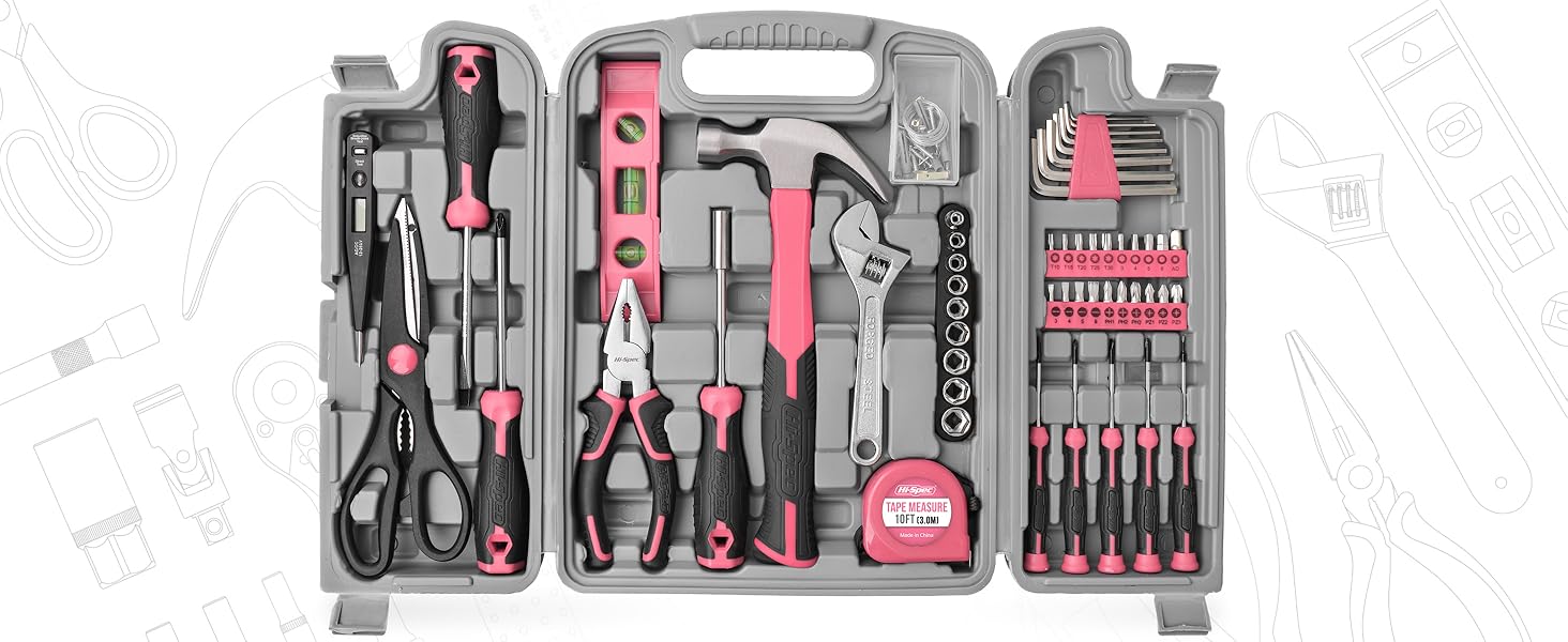 DT9409P 56pc pink home & garage DIY toolkit set, tool kit women with hammer screwdriver