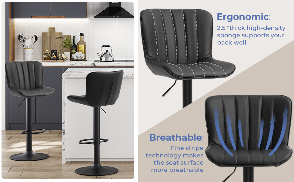 DICTAC Leather Bar Stools Set of 2 Black, Swivel Bar Chairs