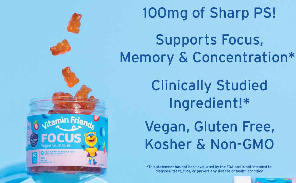 Vitamin Friends Focus Gummies Vegan Kosher Organic Multivitamins