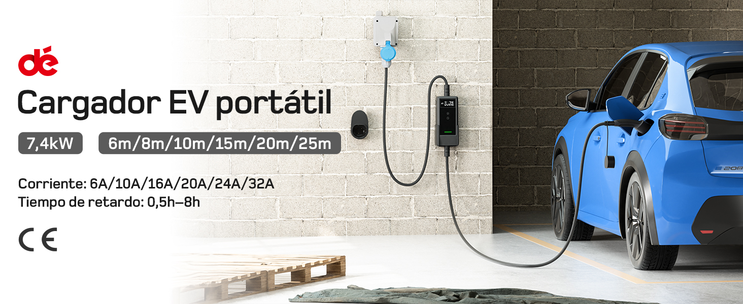 El texto dice «Cargador EV portátil» y «7,2 kW». La configuración de carga del vehículo eléctrico se muestra con un automóvil azul y un cable de carga sobre un fondo de pared de ladrillos.