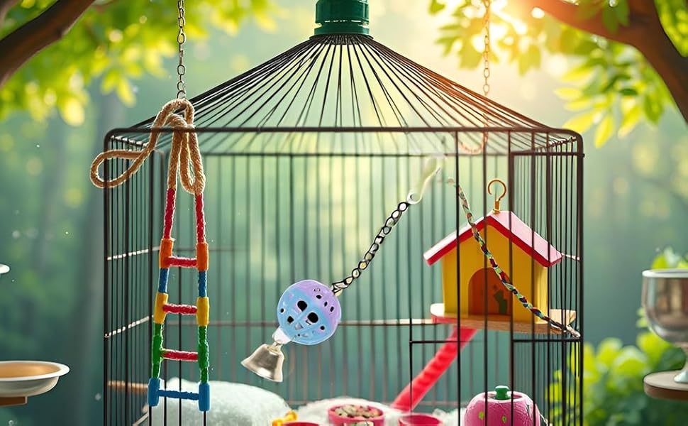 Dekorativer Vogelkäfig aus grünem Metall mit buntem Spielzeug, Sitzstangen und einem kleinen Holzhaus im Inneren. Vor einem weichen, verschwommenen Außenhintergrund mit sonnenbeschienenem Laub.