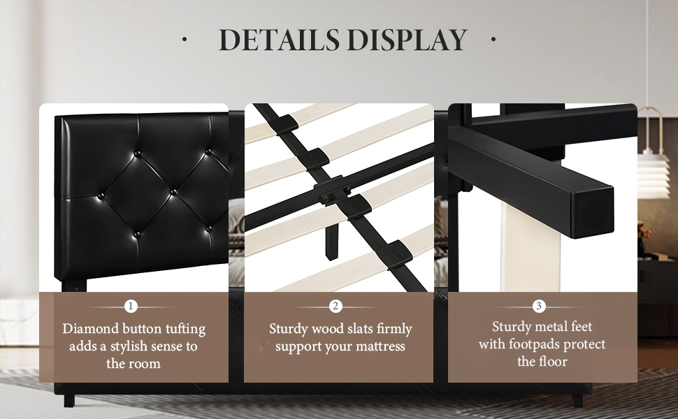Bed frame details display showing diamond button tufting headboard, sturdy wood slats for mattress support, and metal feet with floor protectors.