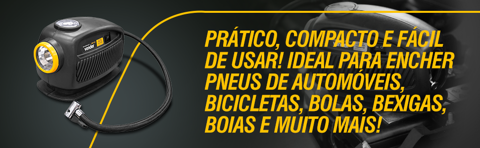 Banner com texto amarelo em fundo preto: "Prático, compacto e fácil de usar"