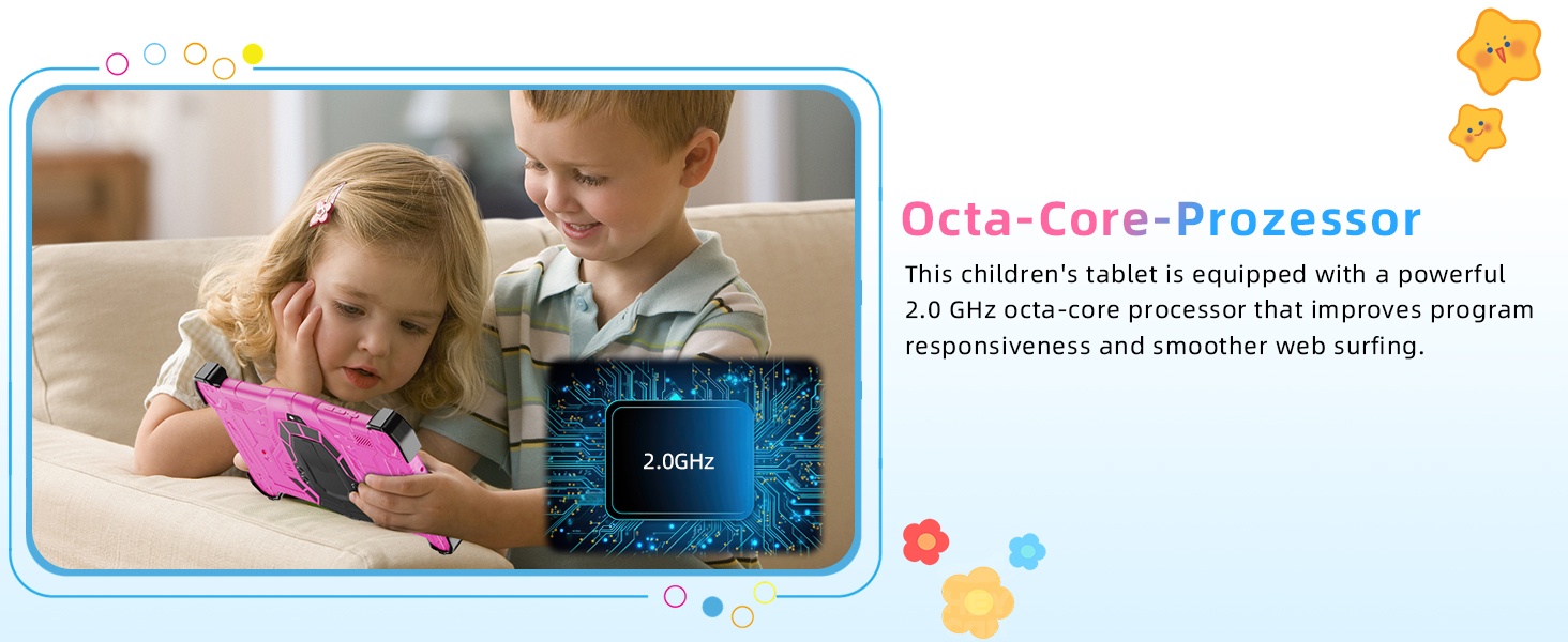 Product diagram highlighting 2.0GHz Octa-Core processor feature for a children's tablet device, with technical specifications text.