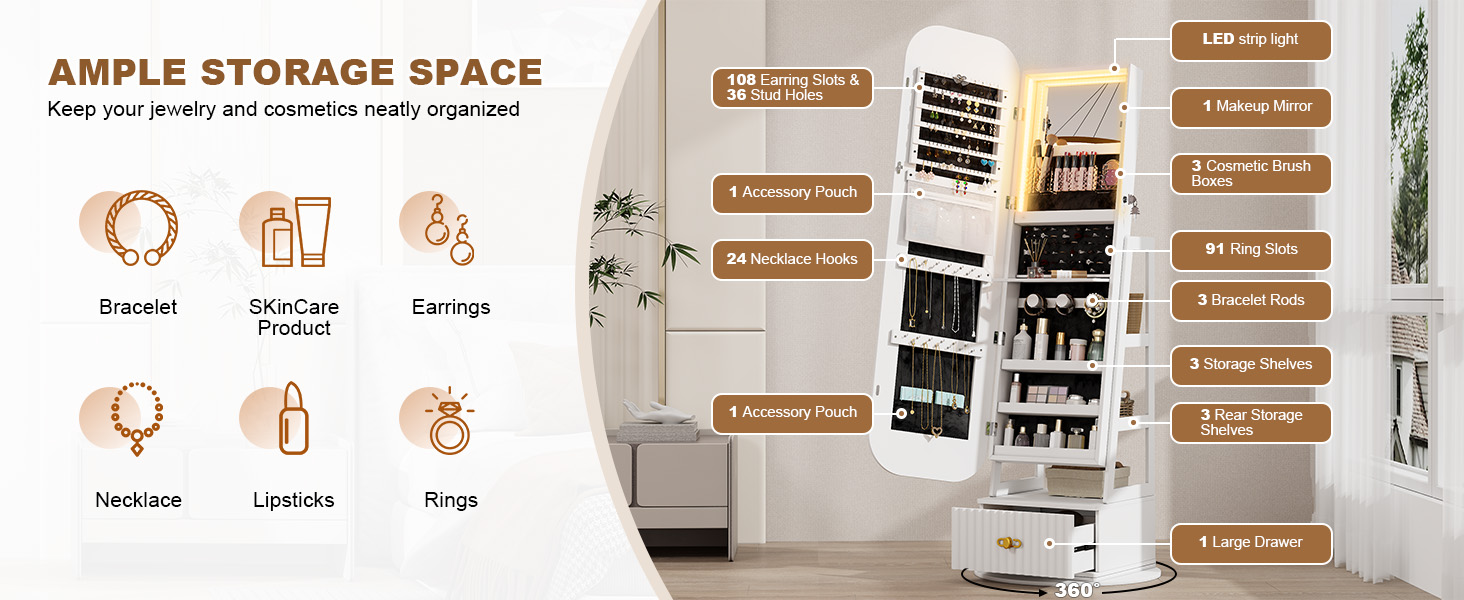 Jewelry Cabinet Full-Length Mirror Hidden Storage Jewelry Organizer Freestanding