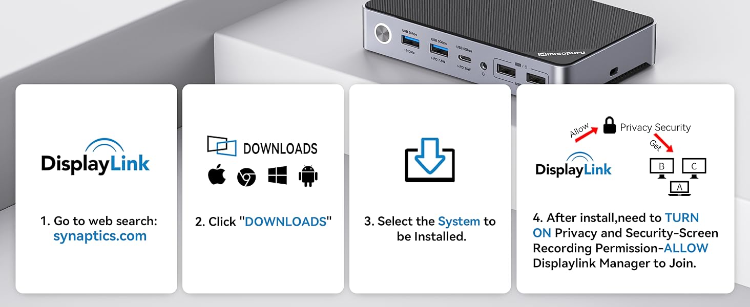 Minisopuru DisplayLink Docking Station Dual Monitor, Laptop Docking Station Support