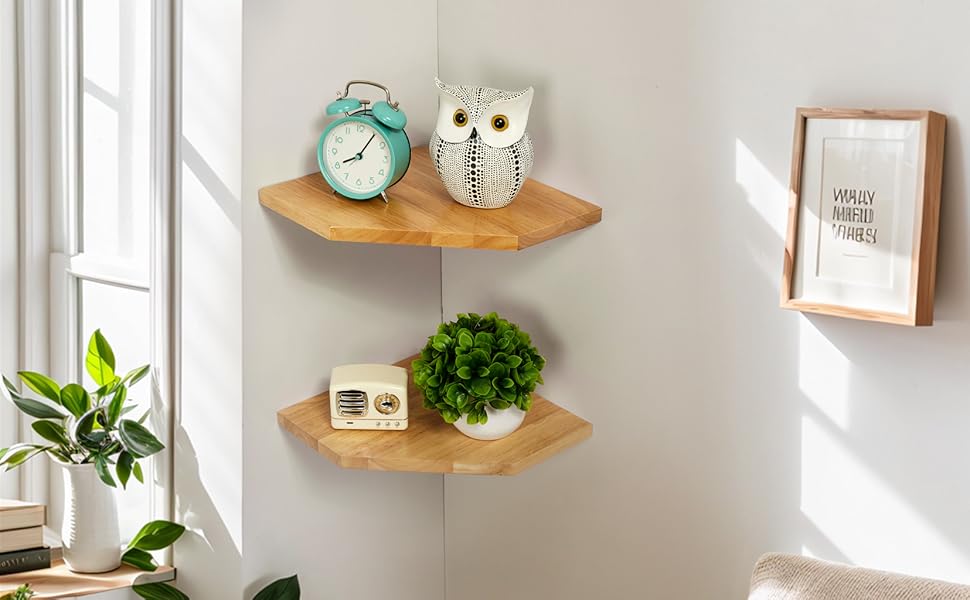 GIEANOO Corner Shelf, Set of 2 Solid Oak Wood Floating Corner Shelf