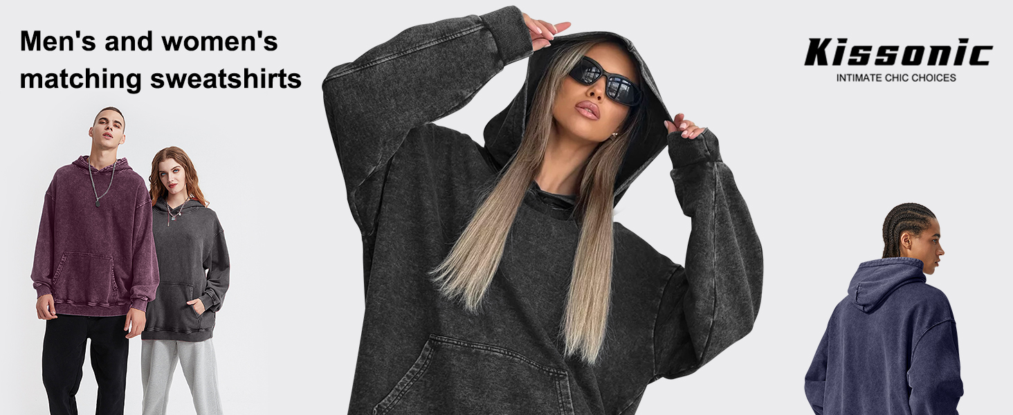 Womens Acid Wash Hoodie Vintage Oversized Pullover Fashion Heavyweight Hooded