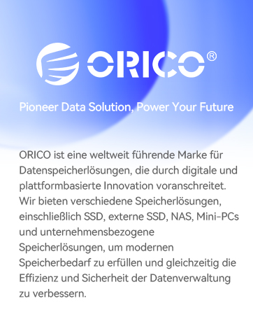 Il testo recita «ORICO» e «Power Data Solution, Realize Your Future». Il testo aggiuntivo in tedesco descrive le soluzioni e le specifiche software.