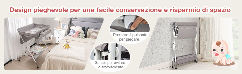COSTWAY Fasciatoio Pieghevole Per Neonati, Mobile Tavolo Cambio Pannolini 4 In 1 Portatile, Altezza Regolabile, 75x80x99-105 Cm, Con Ruote E Cintura Di Sicurezza, Portata Massima 30 Kg (Grigio) 14 4