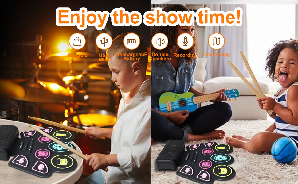 Electronic Drum Set for Kids & Adults, 9 Pads Roll Up Electric Drum Kit,2 Builtin