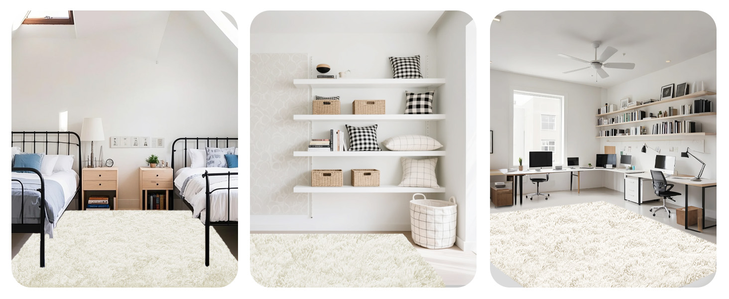 Innenarchitekturbild mit drei Paneelen, das ein minimalistisches Schlafzimmer, ein organisiertes Regal und einen Arbeitsraum zu Hause zeigt. Alle sind in einer weißen Farbgebung mit