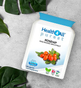 White packet of HealthCall dietary supplement capsules with colorful fruits and vegetables on the label. Package indicates 60 capsules.