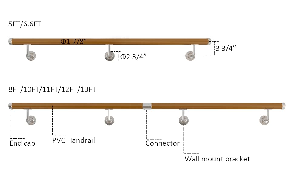 DIYHD 12FT Wall Mount PVC Staircase Handrail with 4 Support Brackets