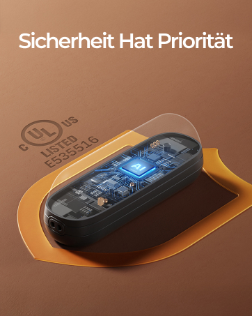 Der Text lautet „Sicherheit hat Priorität“. Serie von Produktaufnahmen, die ein schwarzes elektronisches Gerät mit blauer Beleuchtung vor einem kupfer-/bronzefarbenen Hintergrund zeigen.