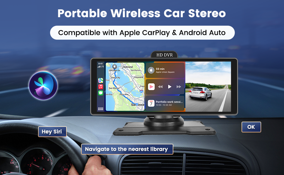 Hikity Portable Car Stereo Wireless Apple CarPlay Android Auto, 10.3