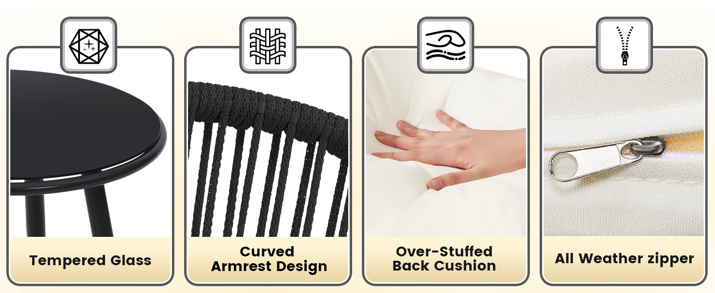 3 Pieces Bistro Set, Woven Rope Chair with Cushions, All Weather Conversation Set and Side Table