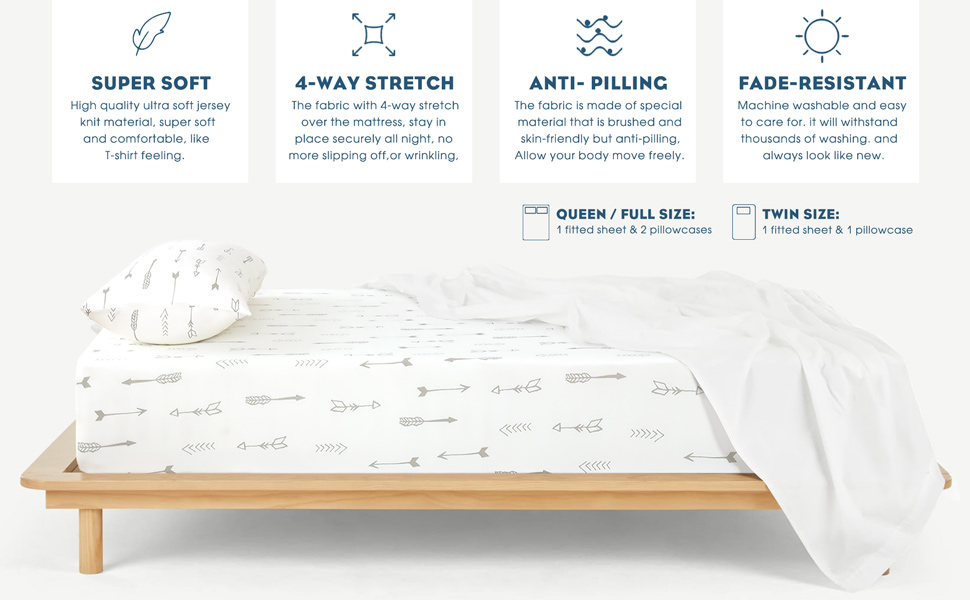 Soft Jersey Fitted Sheet Set（1 Fitted Sheet with 2 Pillowcases Only, 4Way Stretch