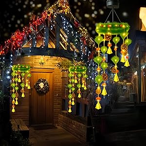 Festive solar Christmas wind chime for porch, patio, and garden with warm glowing LED holiday lights