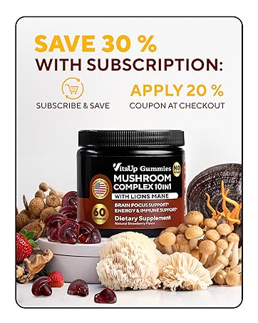 black jar of mushroom gummies and save on subscription text